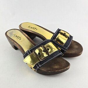 Faith Women's Gold Denim Slip On Upper Buckle Strap Mule Sandal Sole Size 6